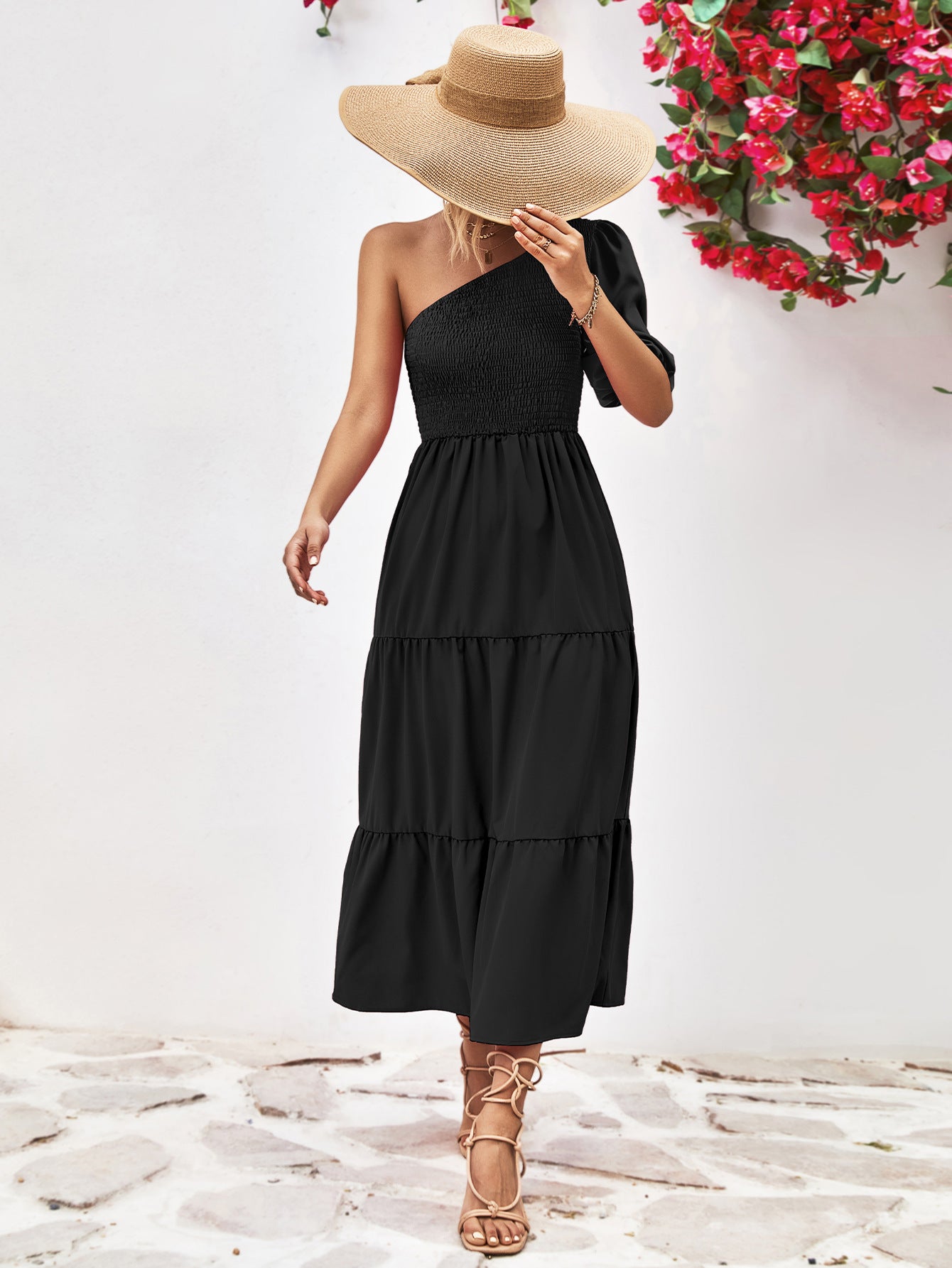Women's Smocked One-Shoulder Midi Dress