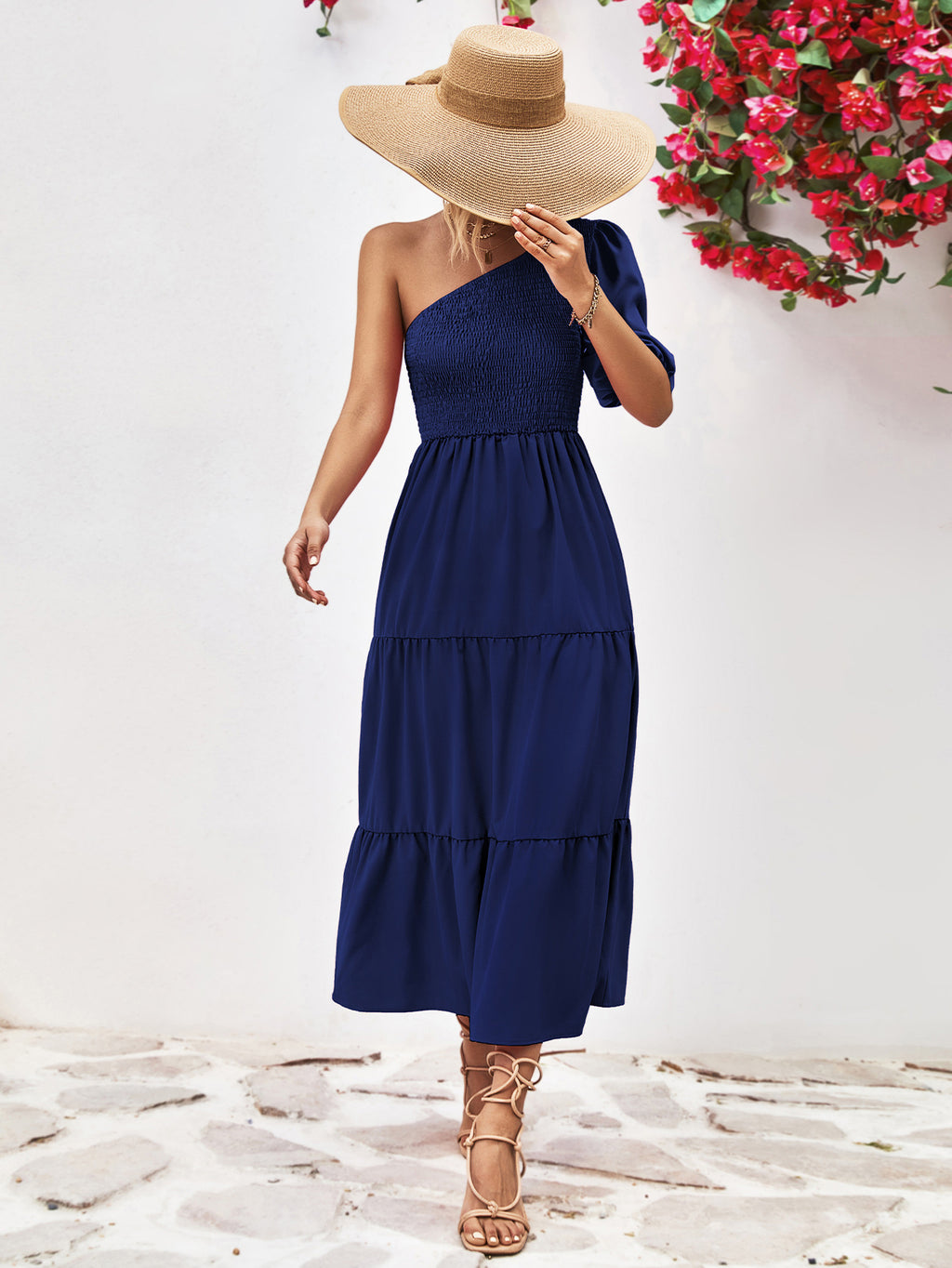 Women's Smocked One-Shoulder Midi Dress