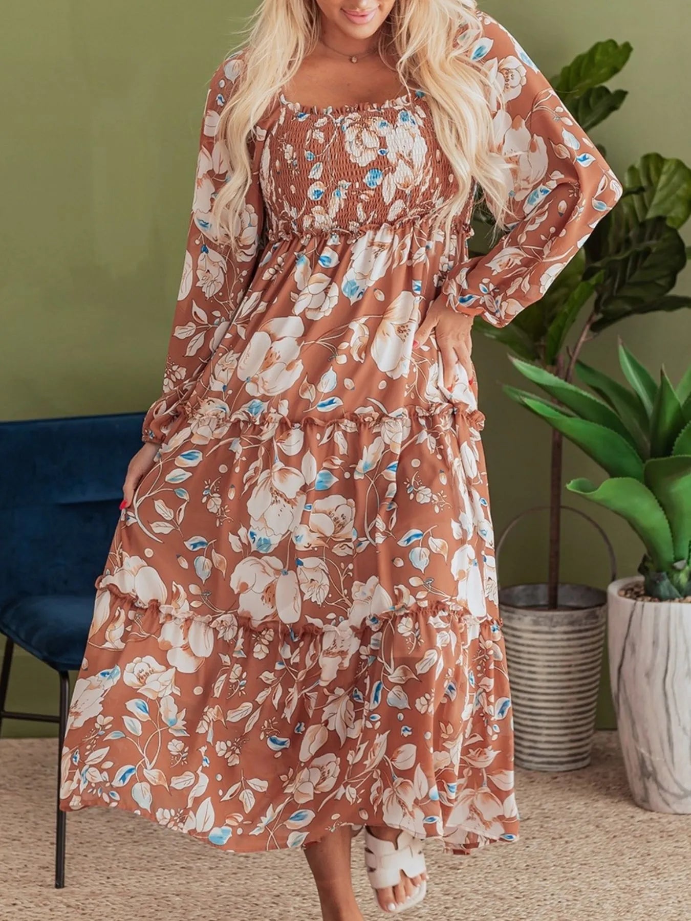 Women's Smocked Printed Tiered Long-Sleeve Dress