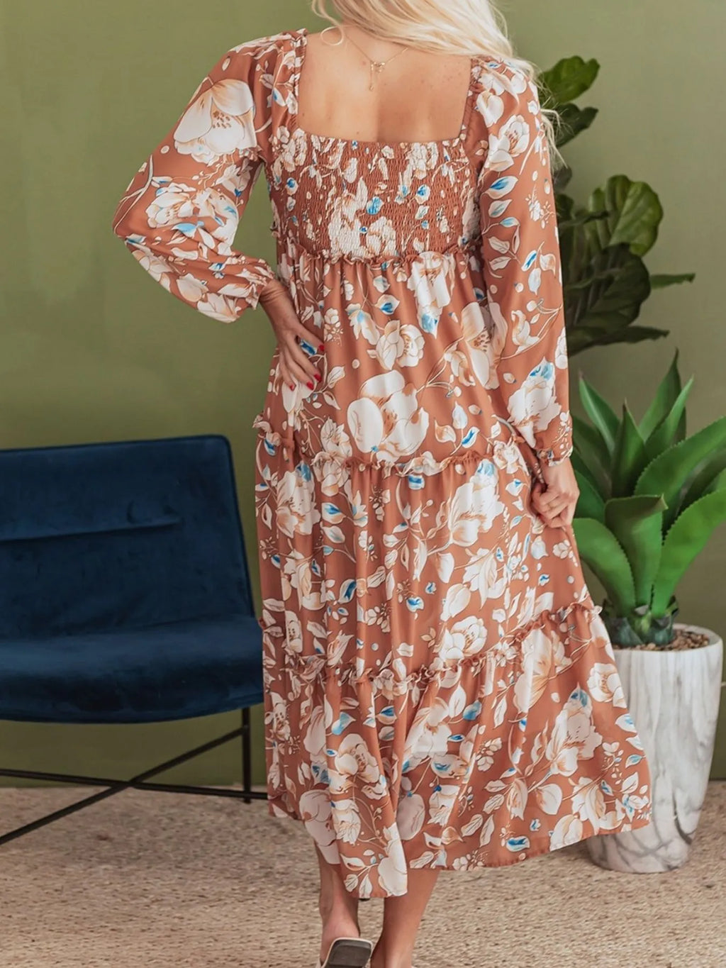 Women's Smocked Printed Tiered Long-Sleeve Dress