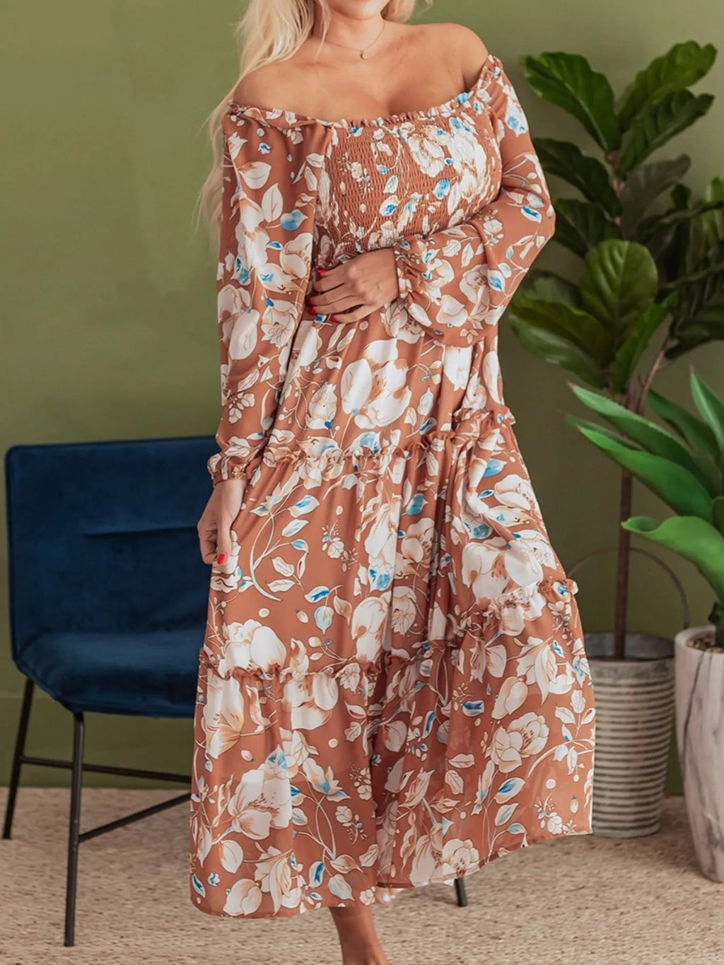 Women's Smocked Printed Tiered Long-Sleeve Dress