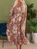 Women's Smocked Printed Tiered Long-Sleeve Dress