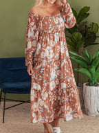 Women's Smocked Printed Tiered Long-Sleeve Dress
