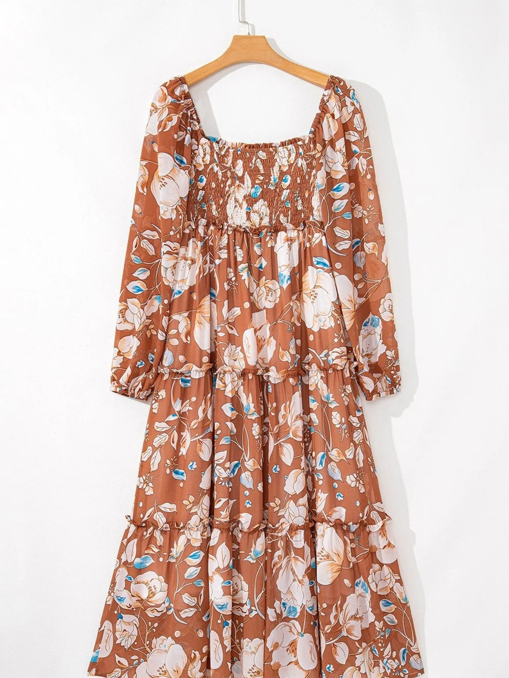 Women's Smocked Printed Tiered Long-Sleeve Dress