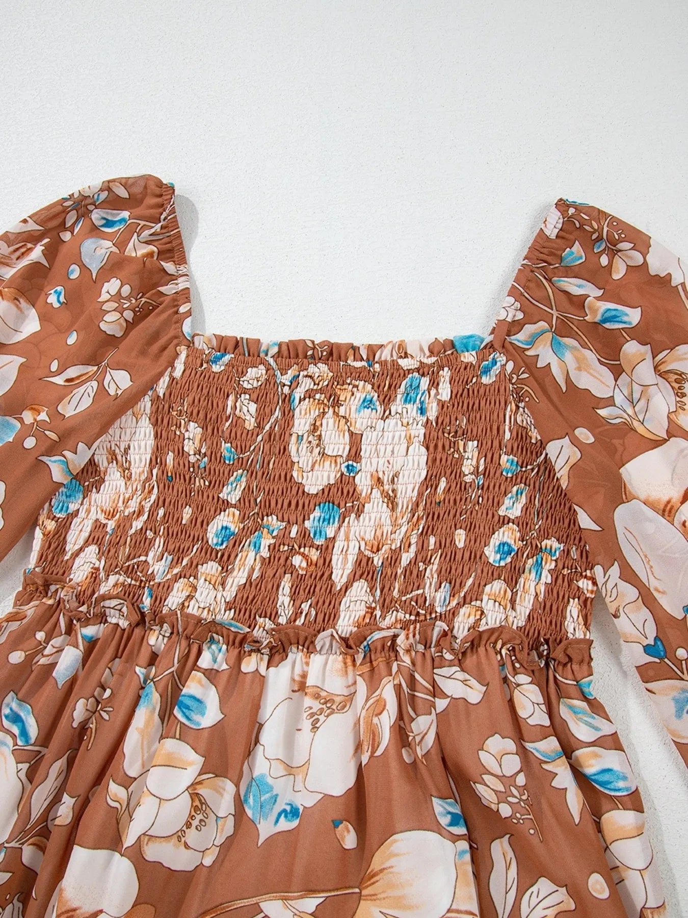Women's Smocked Printed Tiered Long-Sleeve Dress