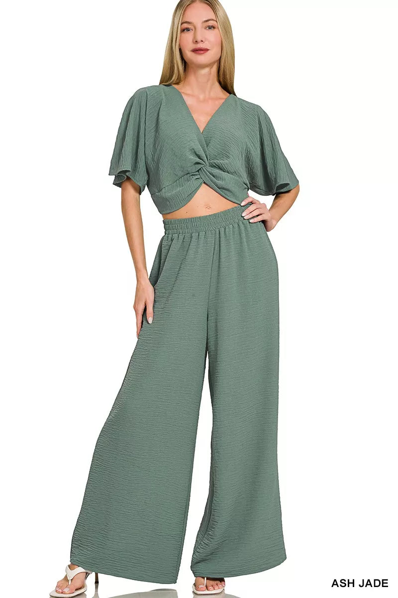 Women's Twist-Front Top and Wide-Leg Pants Set