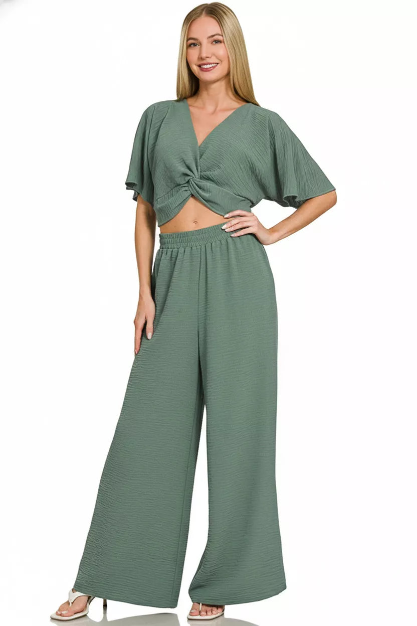 Women's Twist-Front Top and Wide-Leg Pants Set