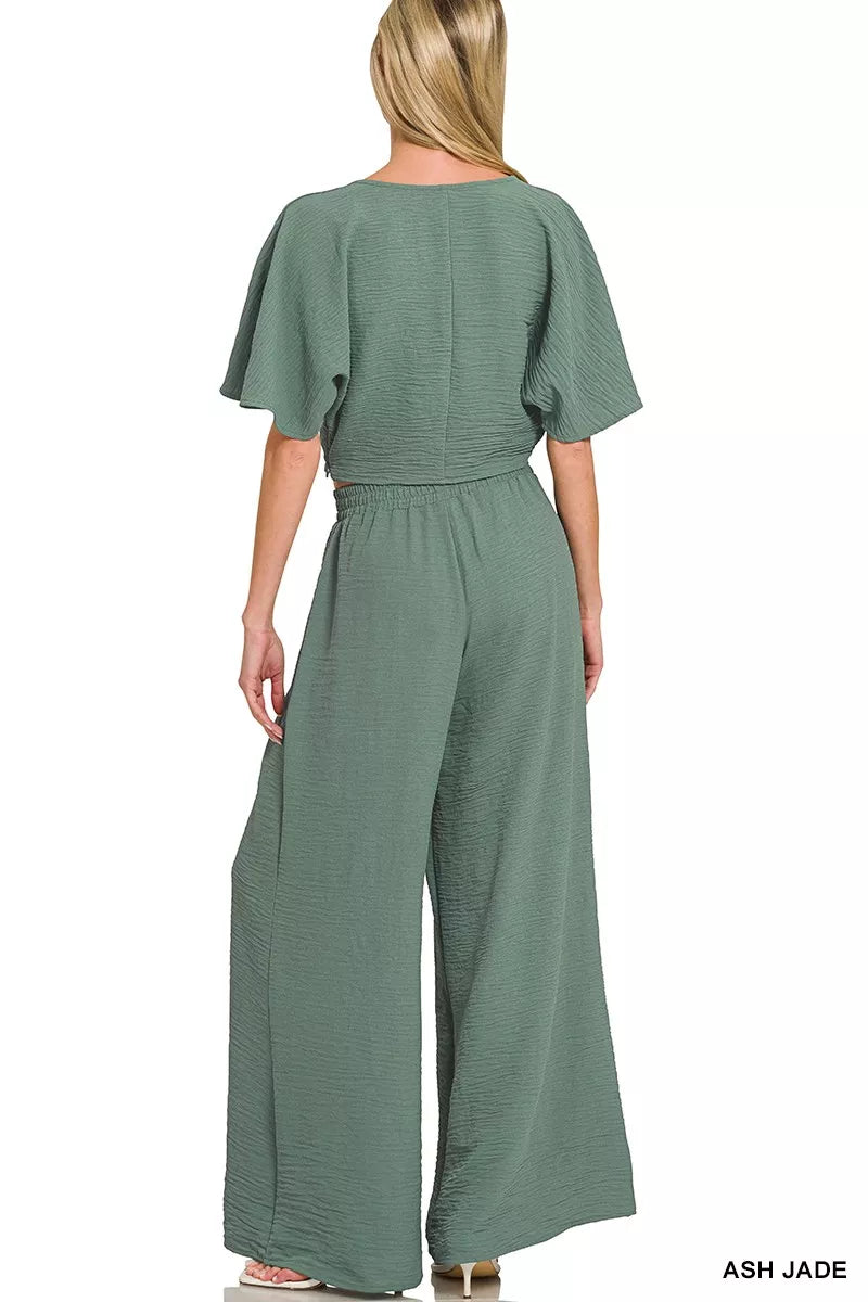 Women's Twist-Front Top and Wide-Leg Pants Set