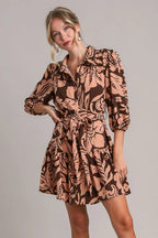 Women's Two-Tone Floral Puff-Sleeve Tie-Waist Dress