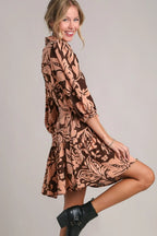 Women's Two-Tone Floral Puff-Sleeve Tie-Waist Dress