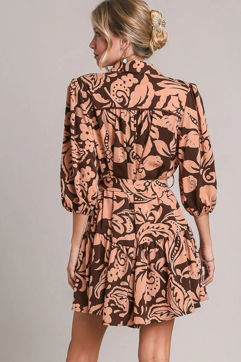 Women's Two-Tone Floral Puff-Sleeve Tie-Waist Dress