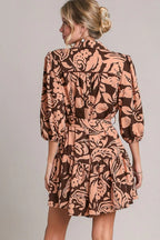 Women's Two-Tone Floral Puff-Sleeve Tie-Waist Dress