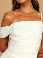 Asymmetrical-Neck Slit Midi Dress detail view 02 - Vellaya Lane