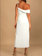 Asymmetrical-Neck Slit Midi Dress detail view 04 - Vellaya Lane