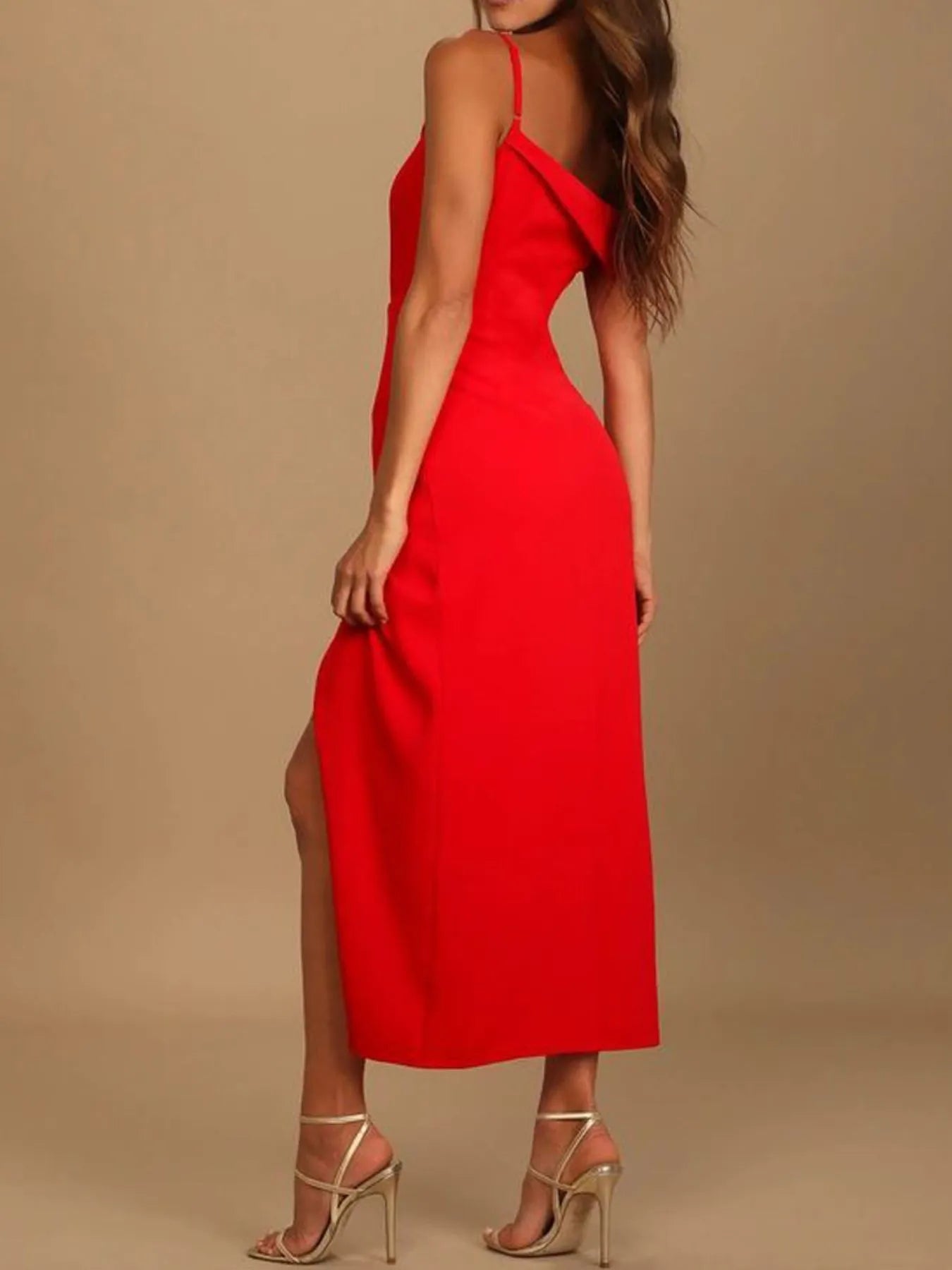 Asymmetrical-Neck Slit Midi Dress detail view 07 - Vellaya Lane