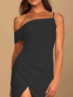 Asymmetrical-Neck Slit Midi Dress detail view 09 - Vellaya Lane