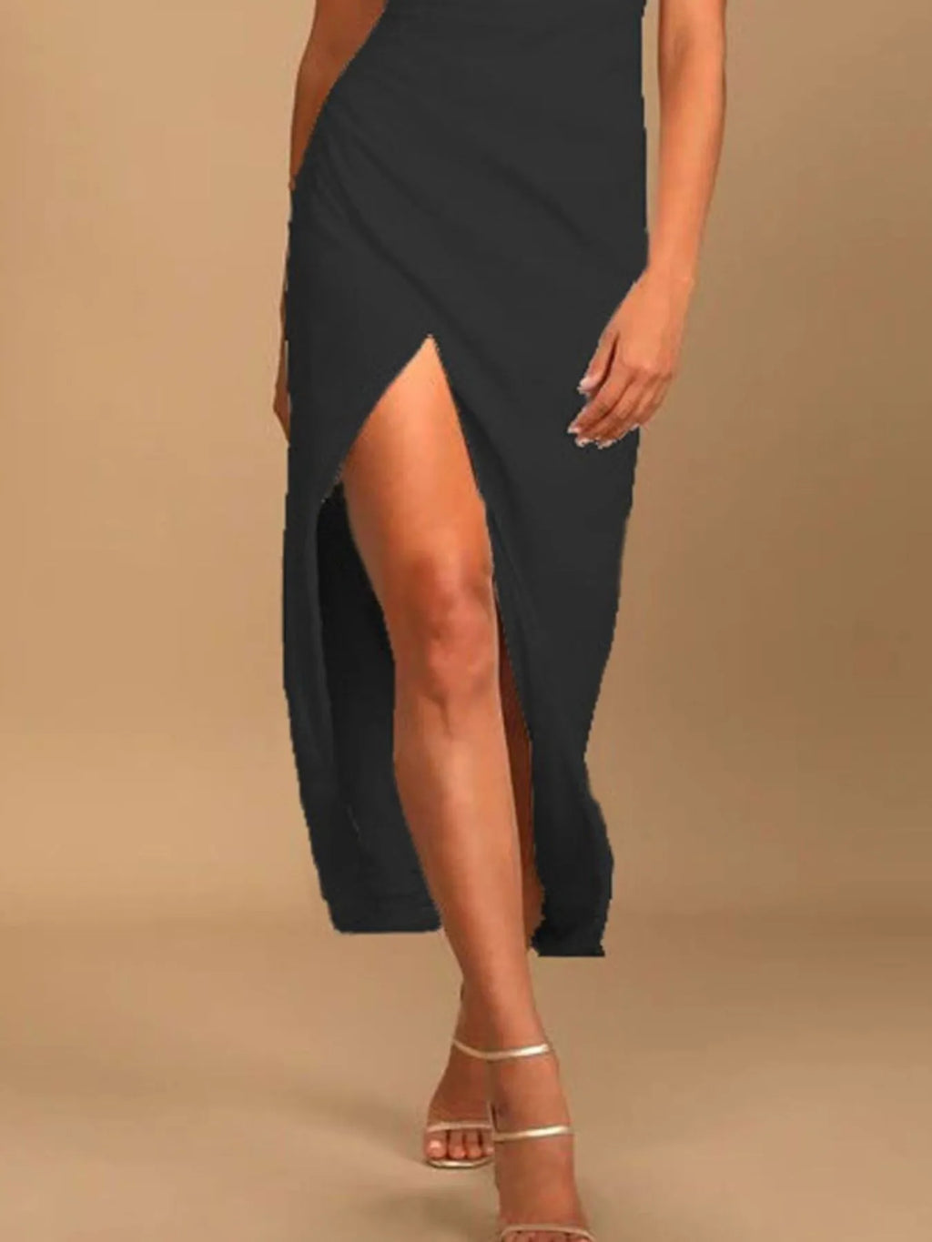 Asymmetrical-Neck Slit Midi Dress detail view 10 - Vellaya Lane