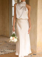 Asymmetrical Ruched Sleeveless Midi Dress detail view 02 - Vellaya Lane
