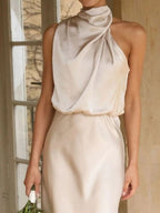 Asymmetrical Ruched Sleeveless Midi Dress detail view 03 - Vellaya Lane