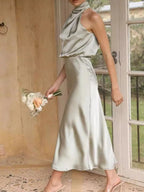 Asymmetrical Ruched Sleeveless Midi Dress detail view 05 - Vellaya Lane