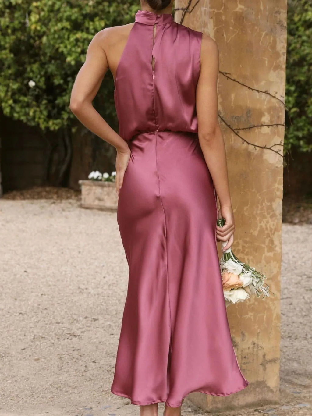 Asymmetrical Ruched Sleeveless Midi Dress detail view 08 - Vellaya Lane