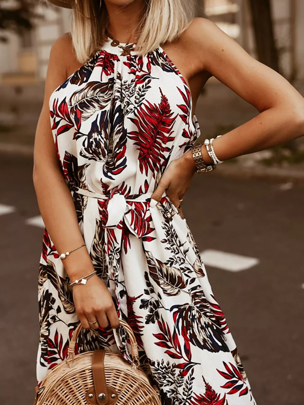 Belted Printed Sleeveless Maxi Dress detail view 08 - Vellaya Lane