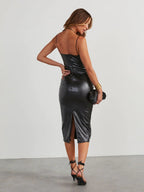 Faux-Leather Slit Midi Dress detail view 02 - Vellaya Lane