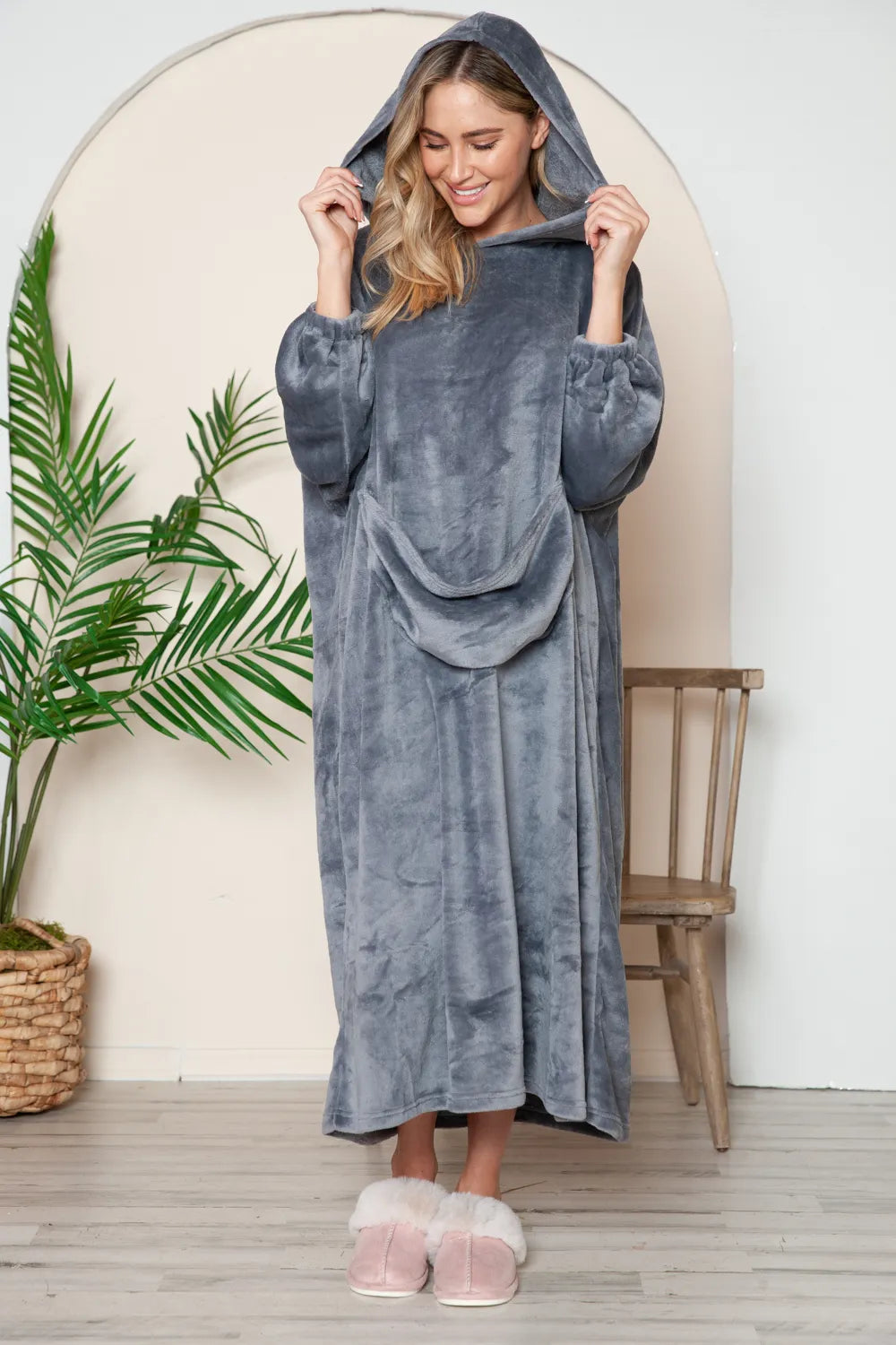 Full-Size Pocketed Hooded Midi Lounge Dress detail view 08 - Vellaya Lane