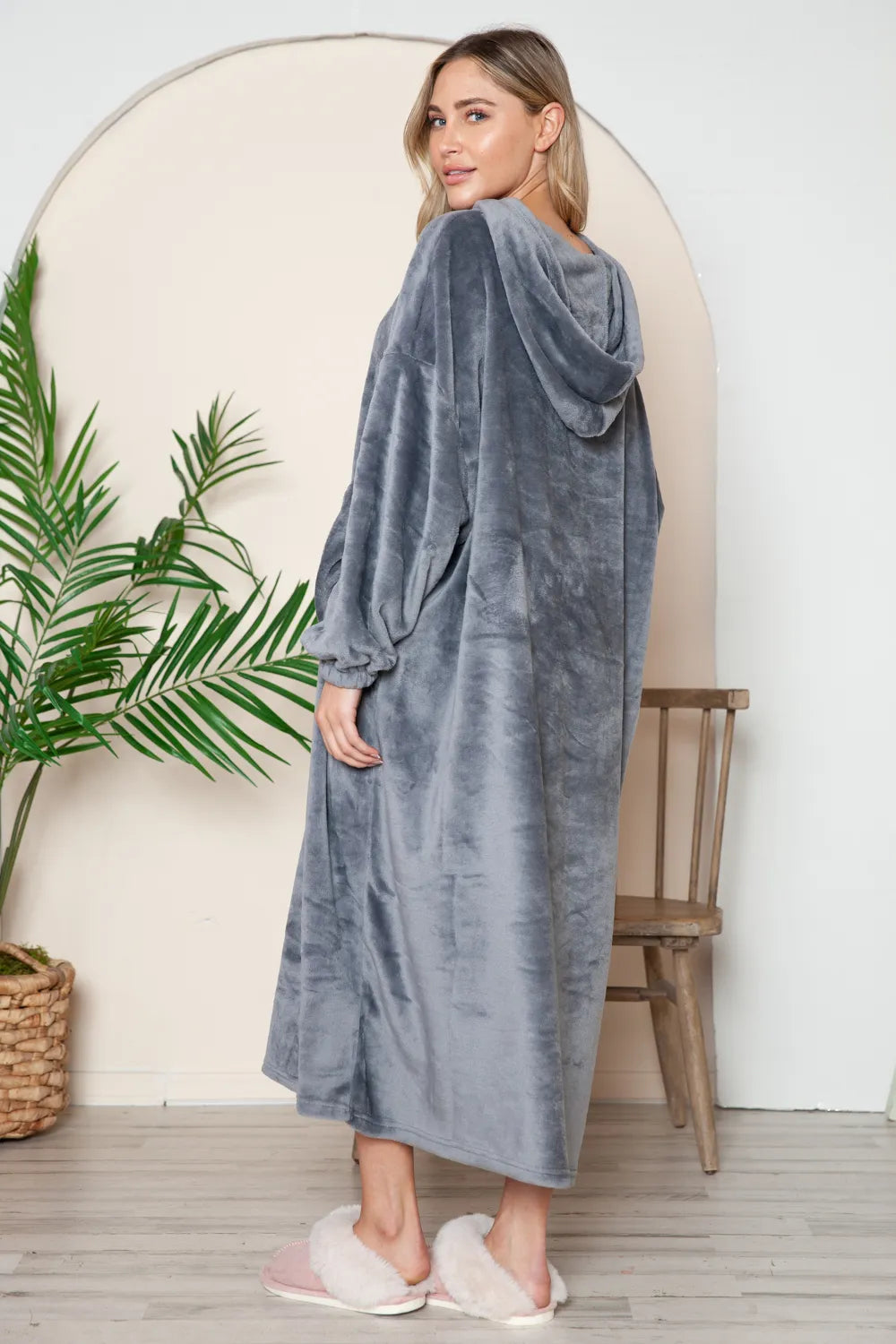 Full-Size Pocketed Hooded Midi Lounge Dress detail view 09 - Vellaya Lane
