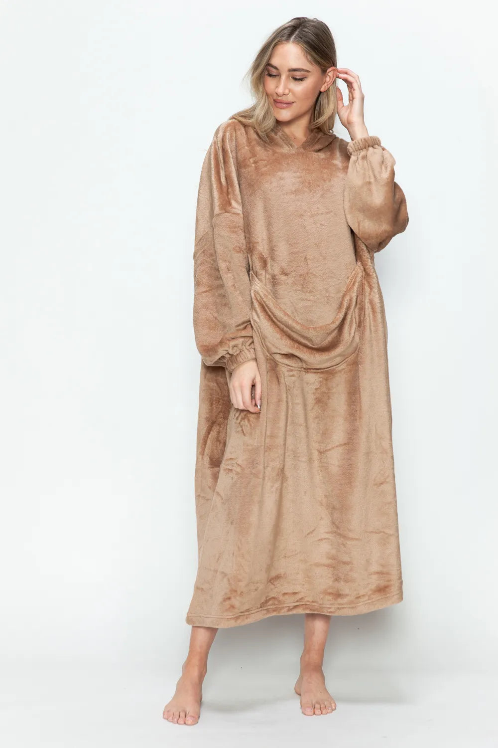 Full-Size Pocketed Hooded Midi Lounge Dress detail view 11 - Vellaya Lane