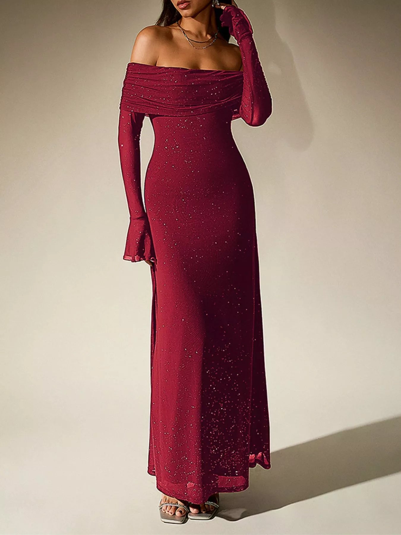 Glitter Off-Shoulder Maxi Dress - Vellaya Lane