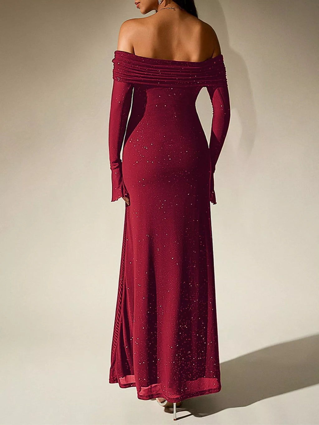 Glitter Off-Shoulder Maxi Dress detail view 02 - Vellaya Lane