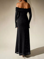 Glitter Off-Shoulder Maxi Dress detail view 04 - Vellaya Lane
