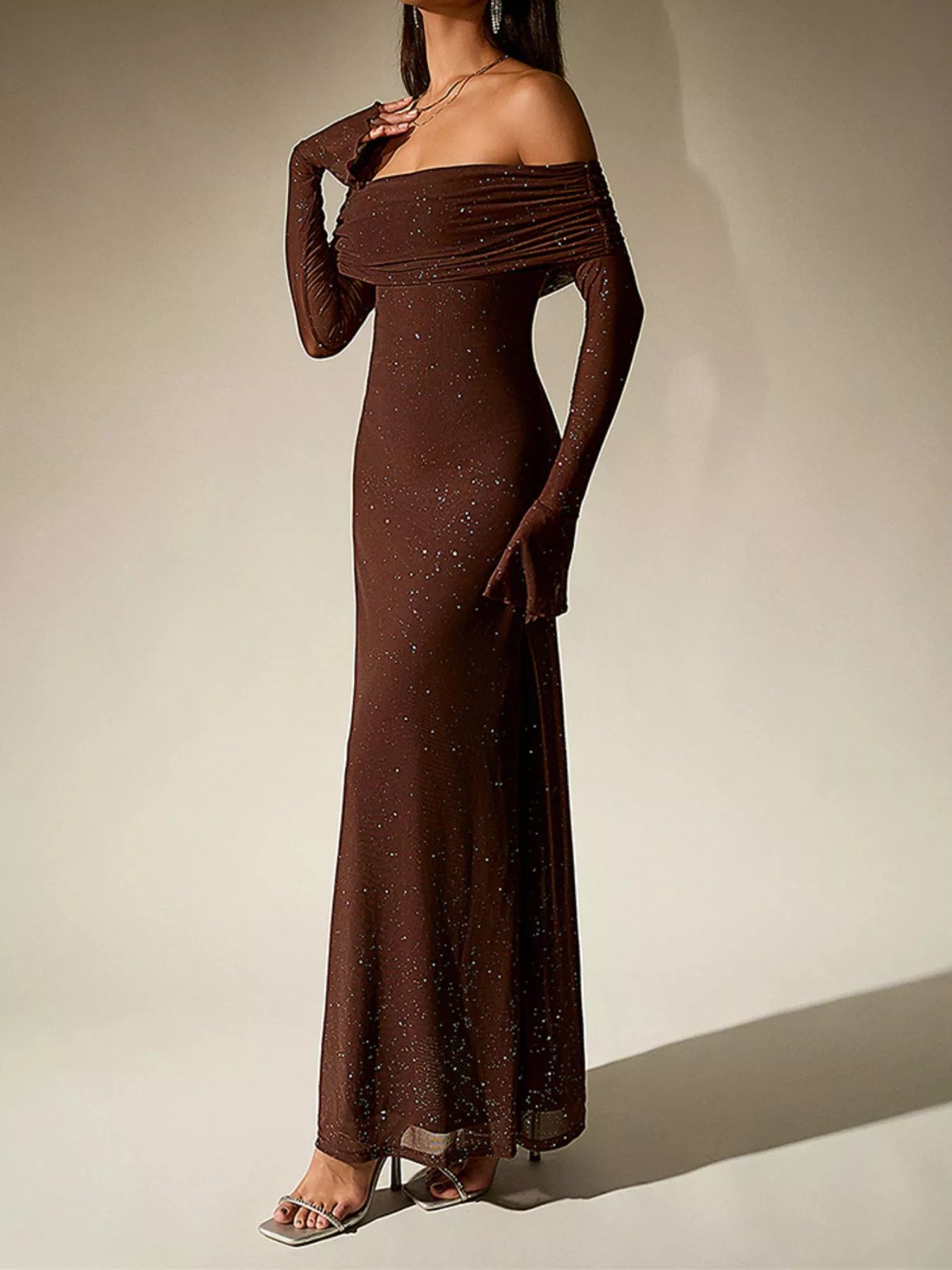 Glitter Off-Shoulder Maxi Dress detail view 06 - Vellaya Lane