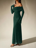 Glitter Off-Shoulder Maxi Dress detail view 09 - Vellaya Lane