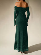 Glitter Off-Shoulder Maxi Dress detail view 10 - Vellaya Lane