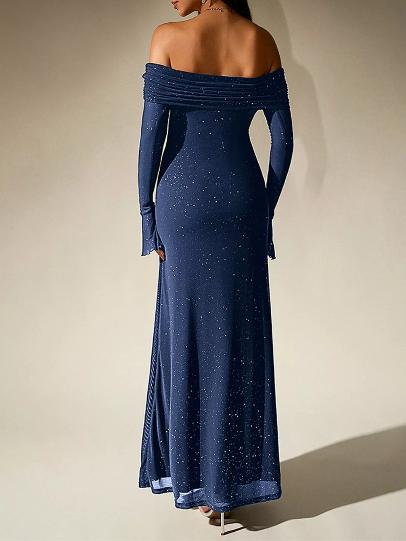Glitter Off-Shoulder Maxi Dress detail view 13 - Vellaya Lane