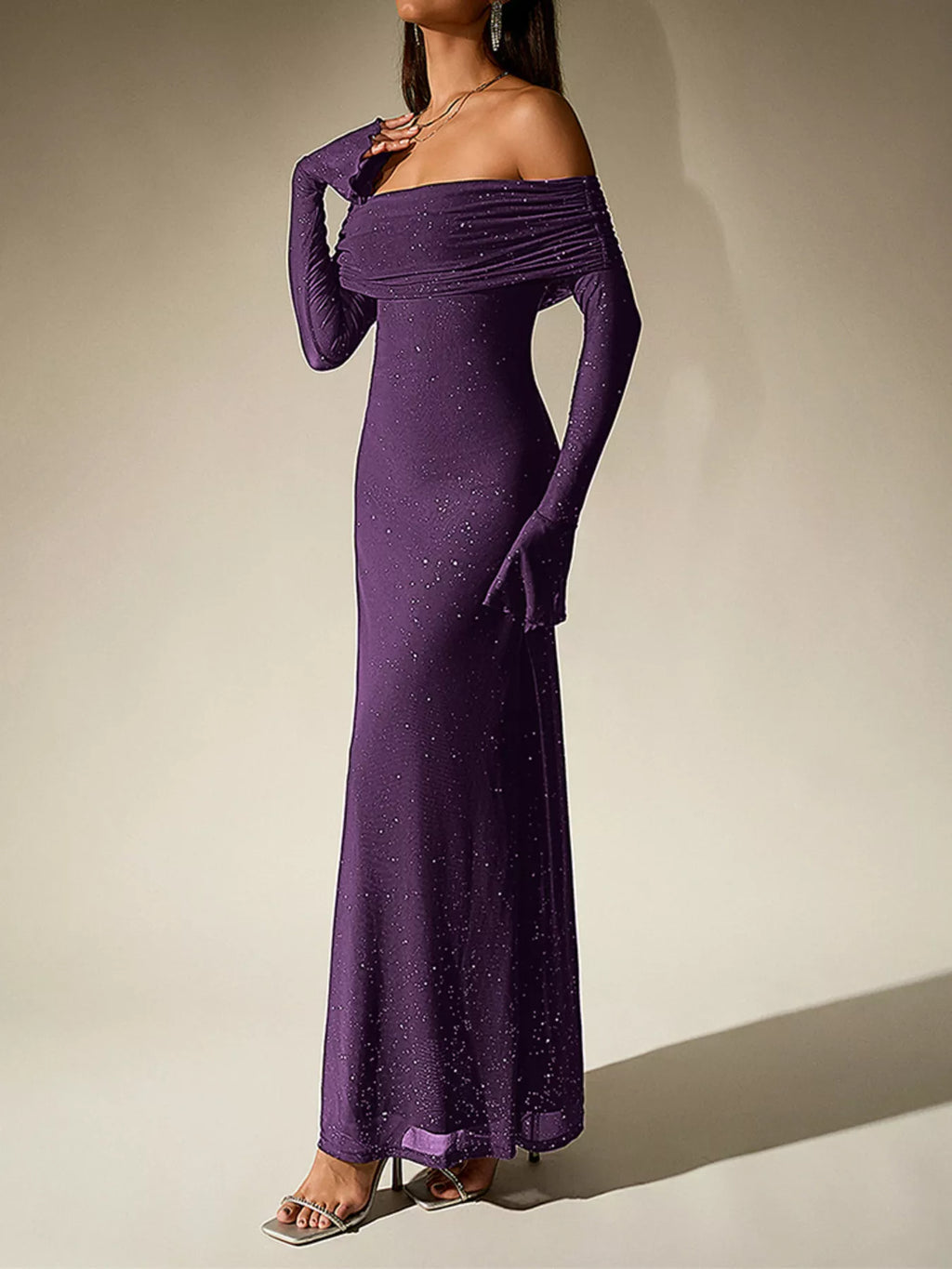 Glitter Off-Shoulder Maxi Dress detail view 19 - Vellaya Lane