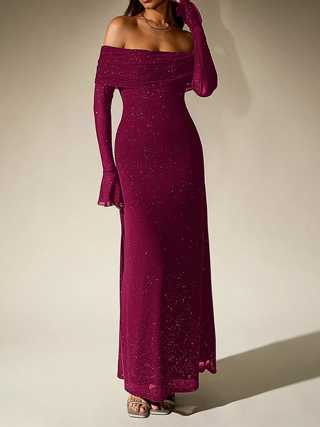 Glitter Off-Shoulder Maxi Dress detail view 22 - Vellaya Lane
