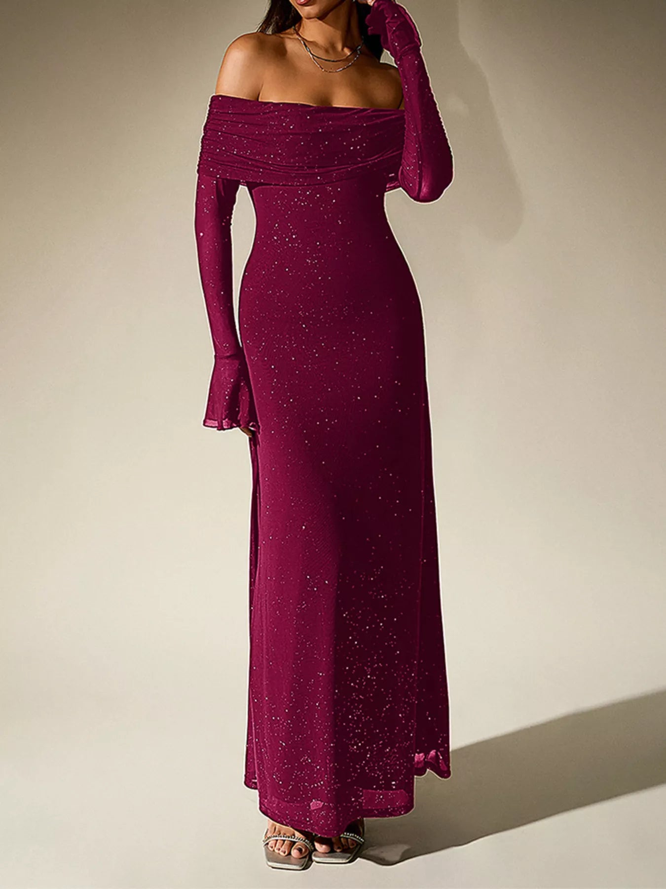Glitter Off-Shoulder Maxi Dress detail view 22 - Vellaya Lane