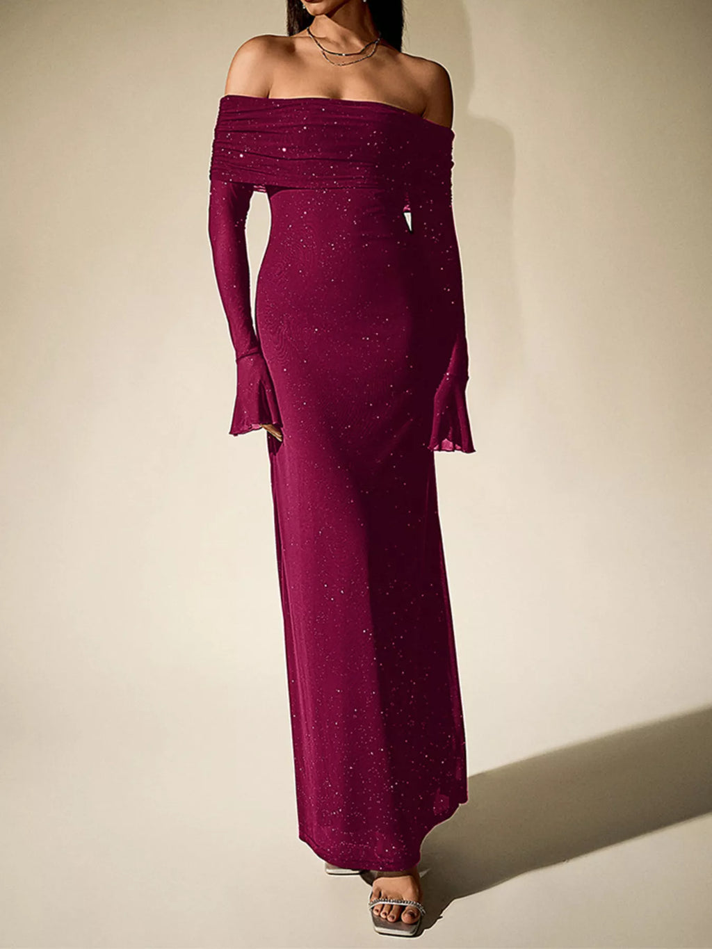 Glitter Off-Shoulder Maxi Dress detail view 23 - Vellaya Lane