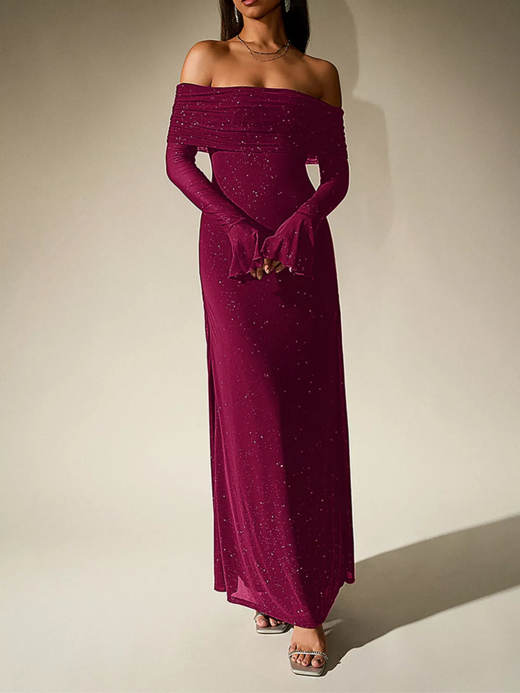 Glitter Off-Shoulder Maxi Dress detail view 24 - Vellaya Lane