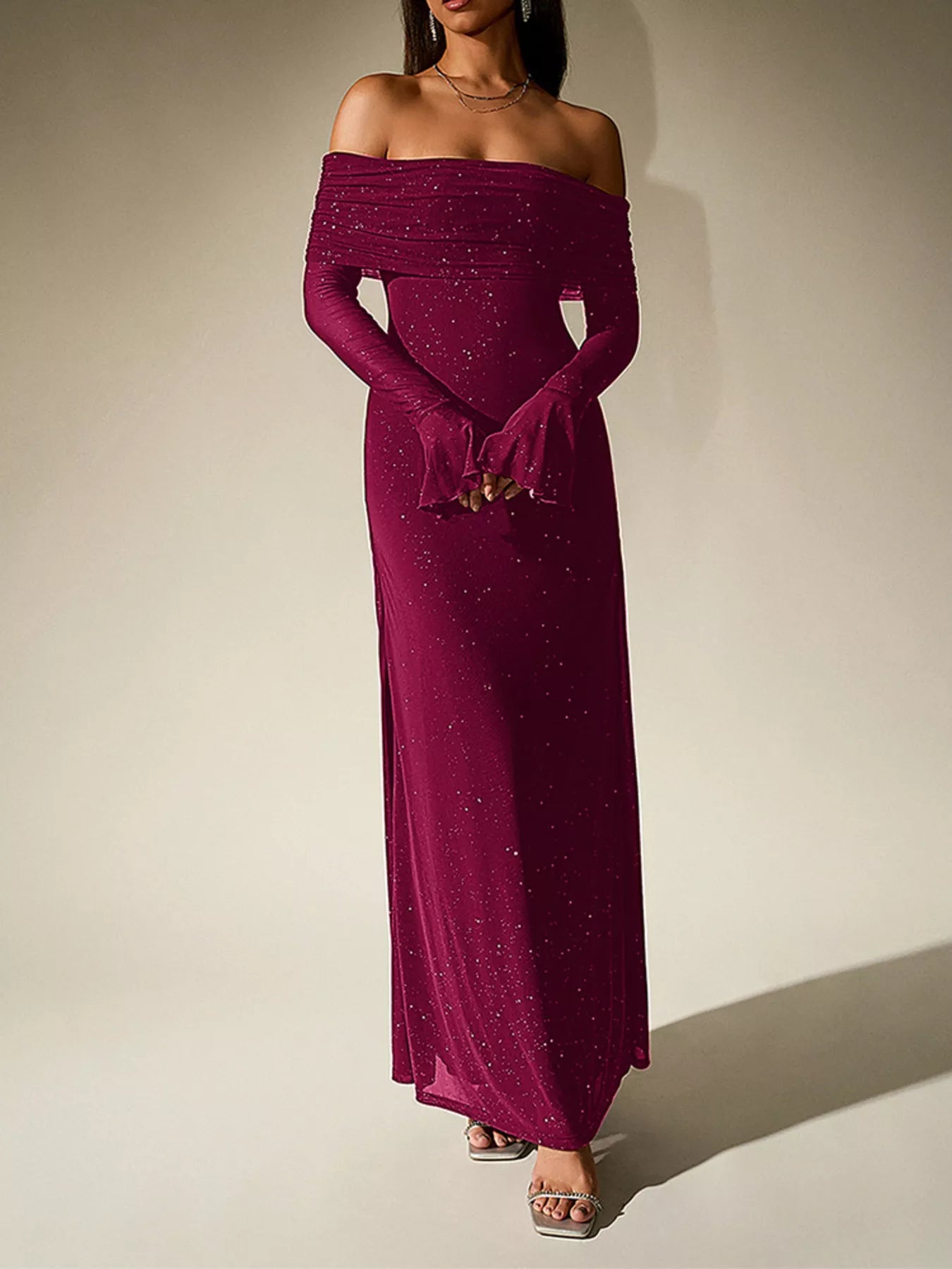Glitter Off-Shoulder Maxi Dress detail view 24 - Vellaya Lane
