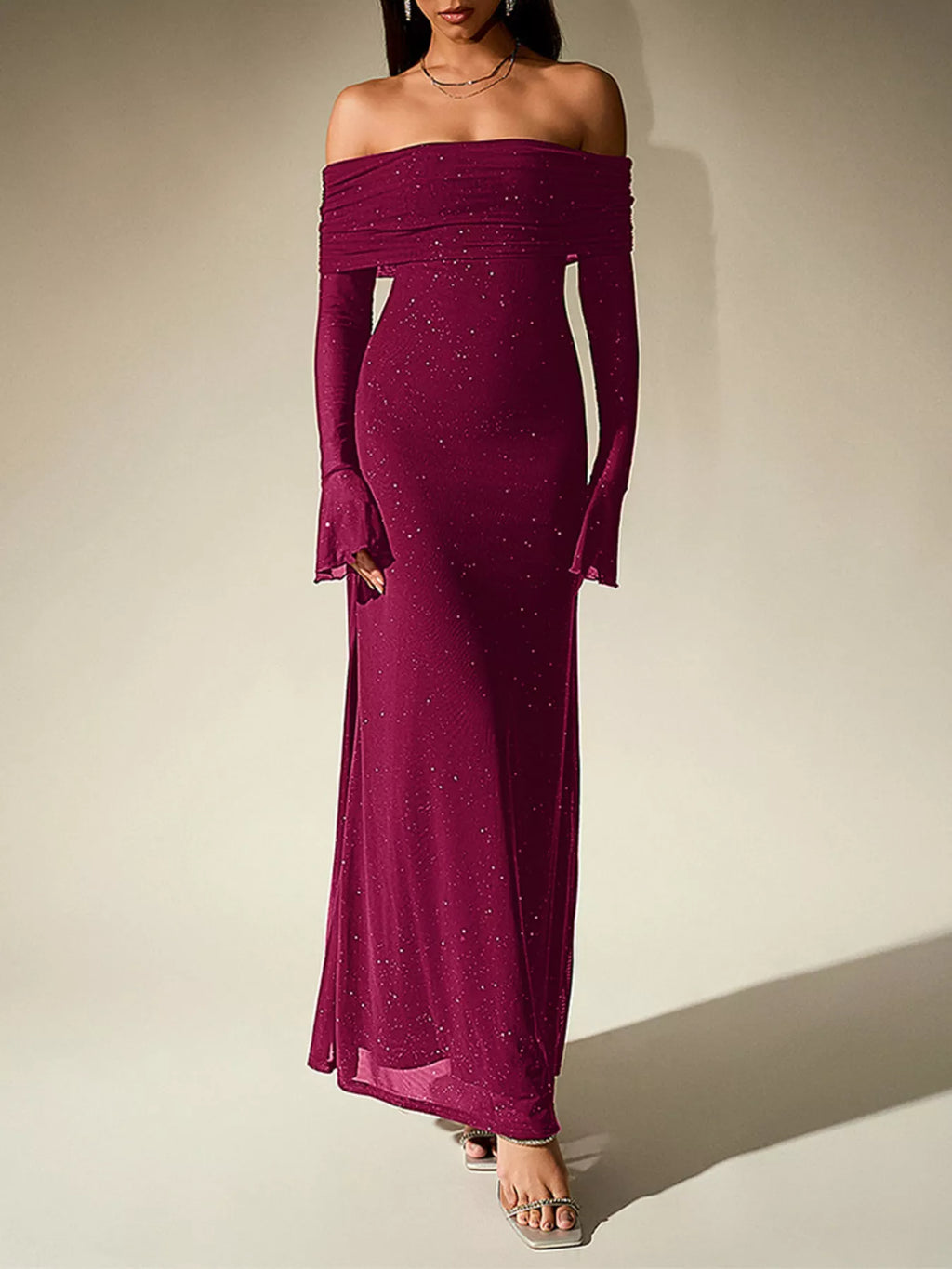 Glitter Off-Shoulder Maxi Dress detail view 25 - Vellaya Lane
