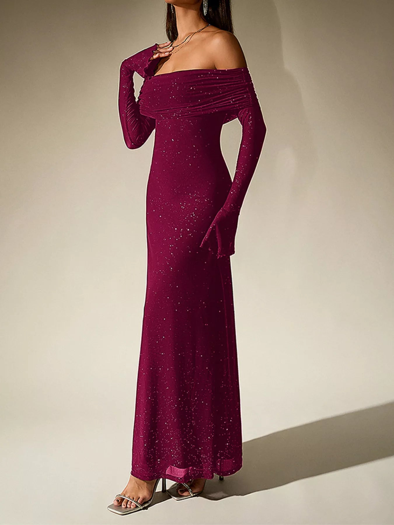 Glitter Off-Shoulder Maxi Dress detail view 26 - Vellaya Lane