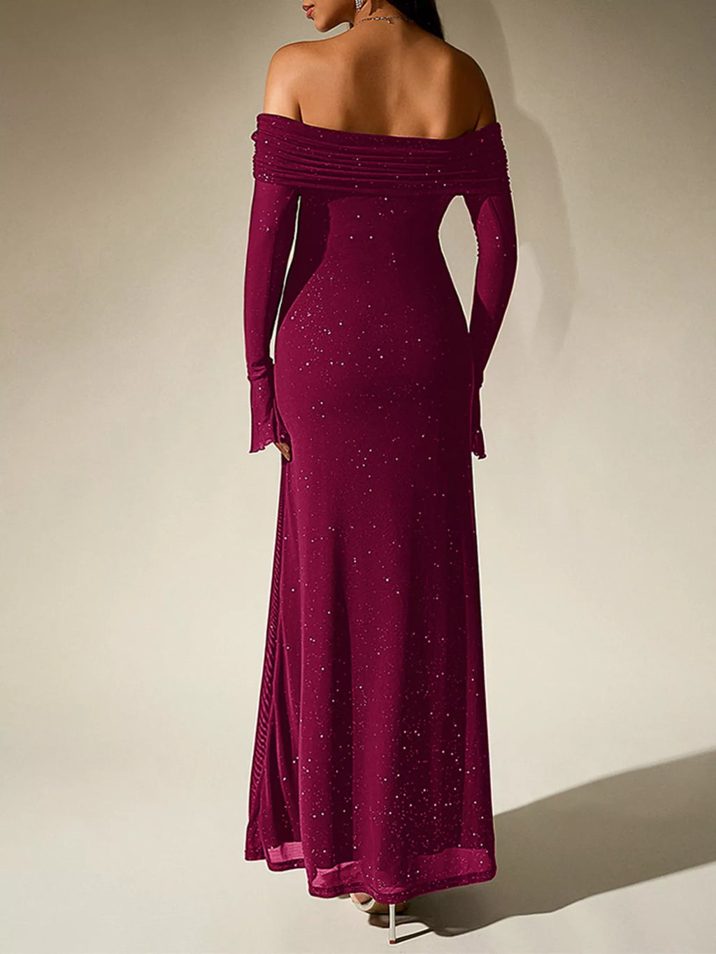 Glitter Off-Shoulder Maxi Dress detail view 27 - Vellaya Lane