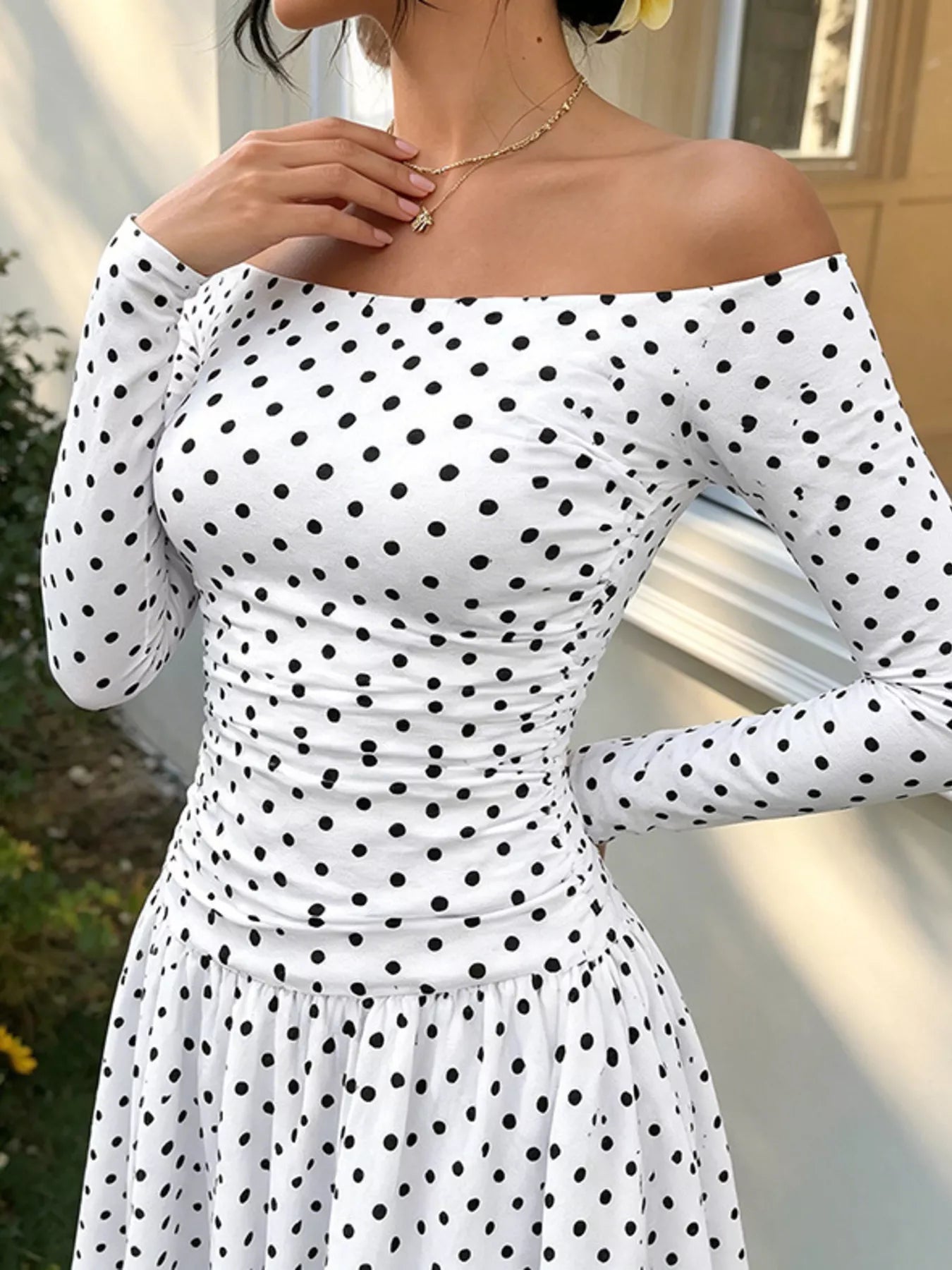 Off-the-Shoulder Ruched Maxi Dress detail view 03 - Vellaya Lane