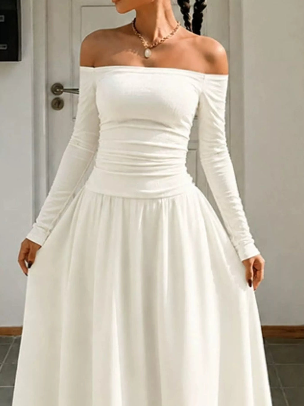 Off-the-Shoulder Ruched Maxi Dress detail view 09 - Vellaya Lane