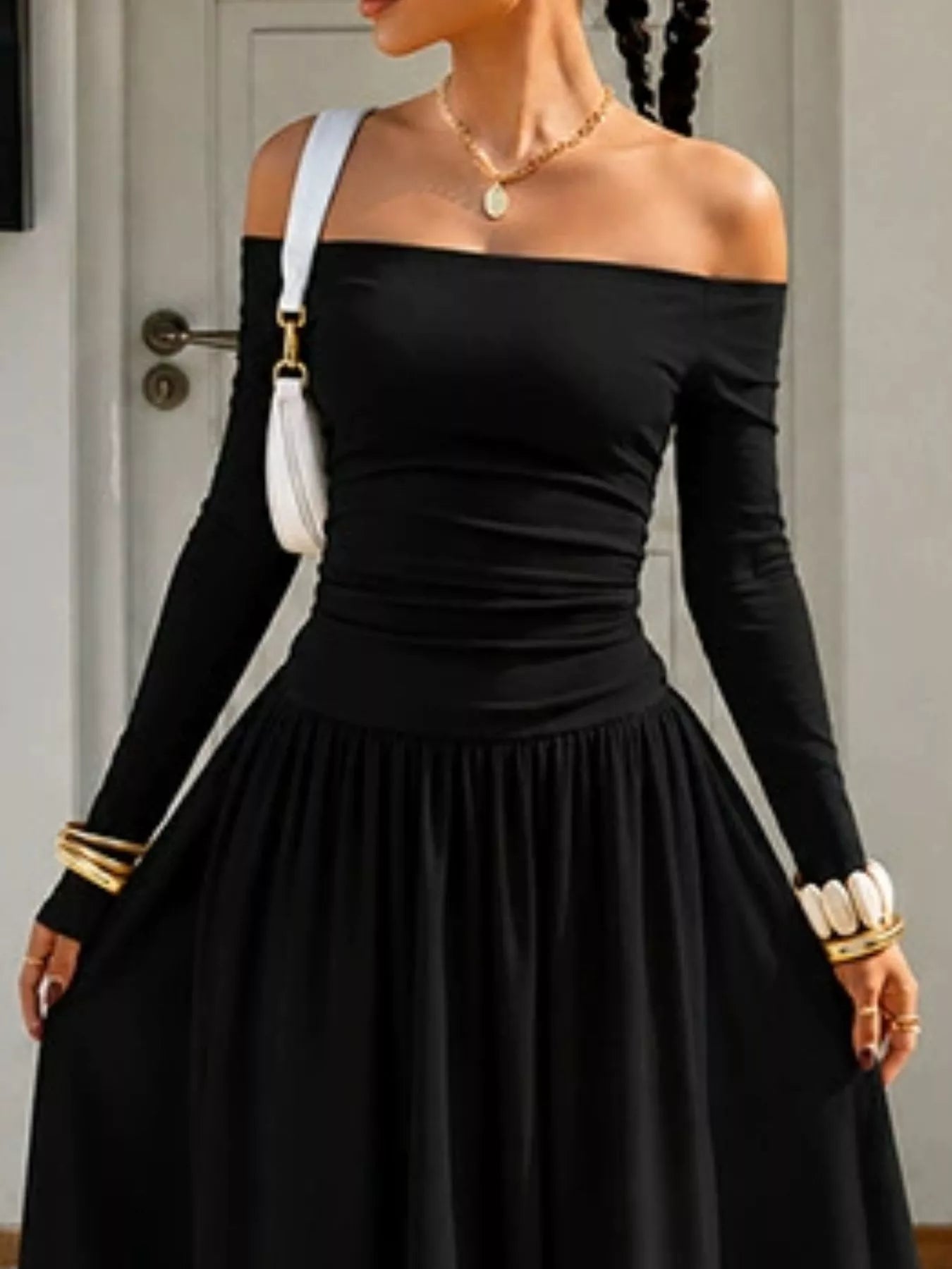 Off-the-Shoulder Ruched Maxi Dress detail view 12 - Vellaya Lane