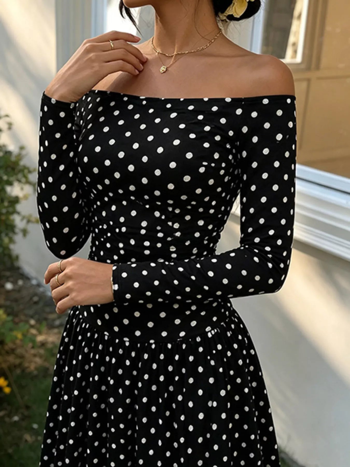 Off-the-Shoulder Ruched Maxi Dress detail view 15 - Vellaya Lane
